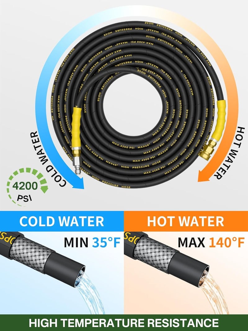 TechSweepPro 4200PSI Pressure Washer Hose 50FT with 3/8" Swivel Quick Connect for Cold/Hot Water, Kink Resistant Steel Wire Braided,1/4" Wear Resistant Power Washer Hose with 2 M22 14mm Adapter Set - Image 3